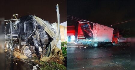 Carreta desengrena, atinge veículos e destrói casas nesta madrugada em Arapongas