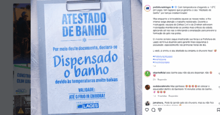 Frio extremo em SC leva cidade a liberar banho com ‘atestado’ simbólico