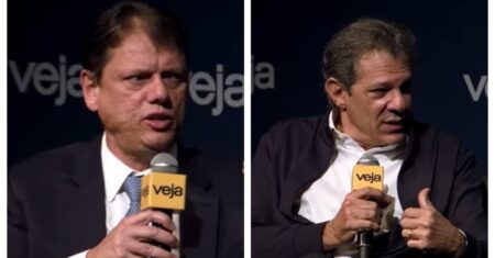 Em evento com Tarcísio, Haddad afirma que Sabesp foi vendida ‘em mesa de amigos’; já governador apoia privatização e diz focar ‘em resultado’