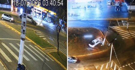 Vídeos mostram ladrões com caminhonete furtada destruindo poste e fugindo a pé em Rondonópolis