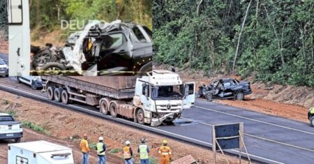 Duas pessoas morrem esmagadas às ferragens após carro colidir com carreta na BR-163; vídeo