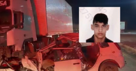 Jovem morre preso às ferragens em grave acidente entre carro e caminhão na BR-364; vídeo mostra destruição