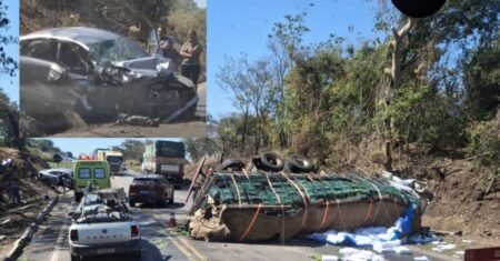 Grave acidente entre carreta-tanque, caminhão e carro deixa pessoa ferida na BR-364; vídeo