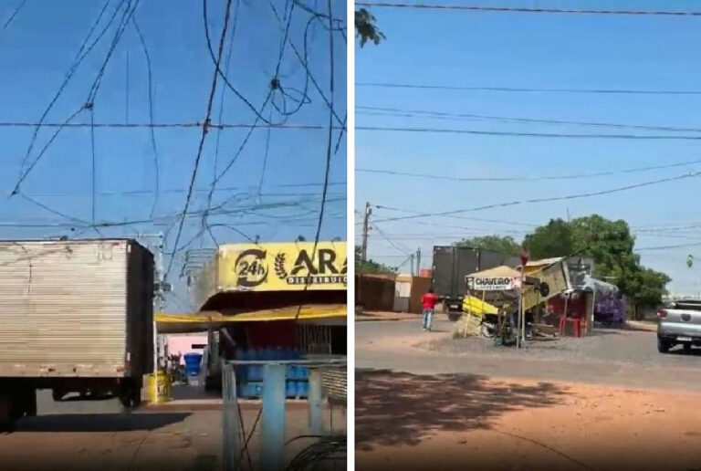 Caminhão enrosca em fios, derruba poste e causa prejuízos em bairro de cuiabá