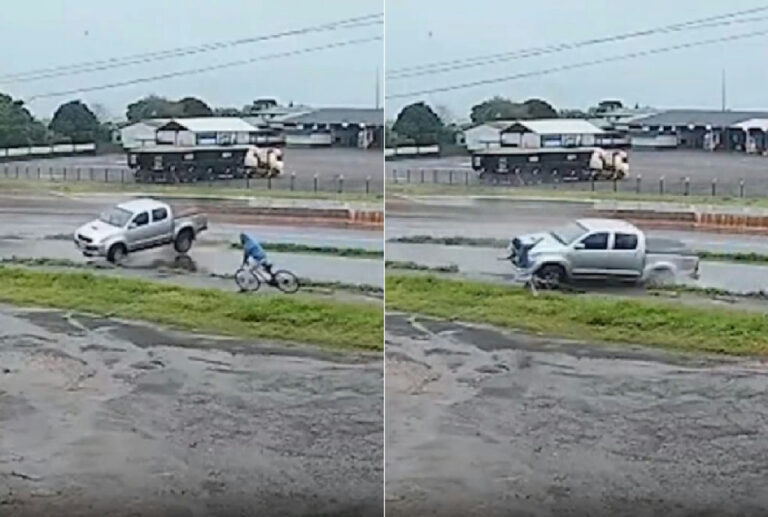Ciclista escapa por segundos de atropelamento após caminhonete capotar na Br-163
